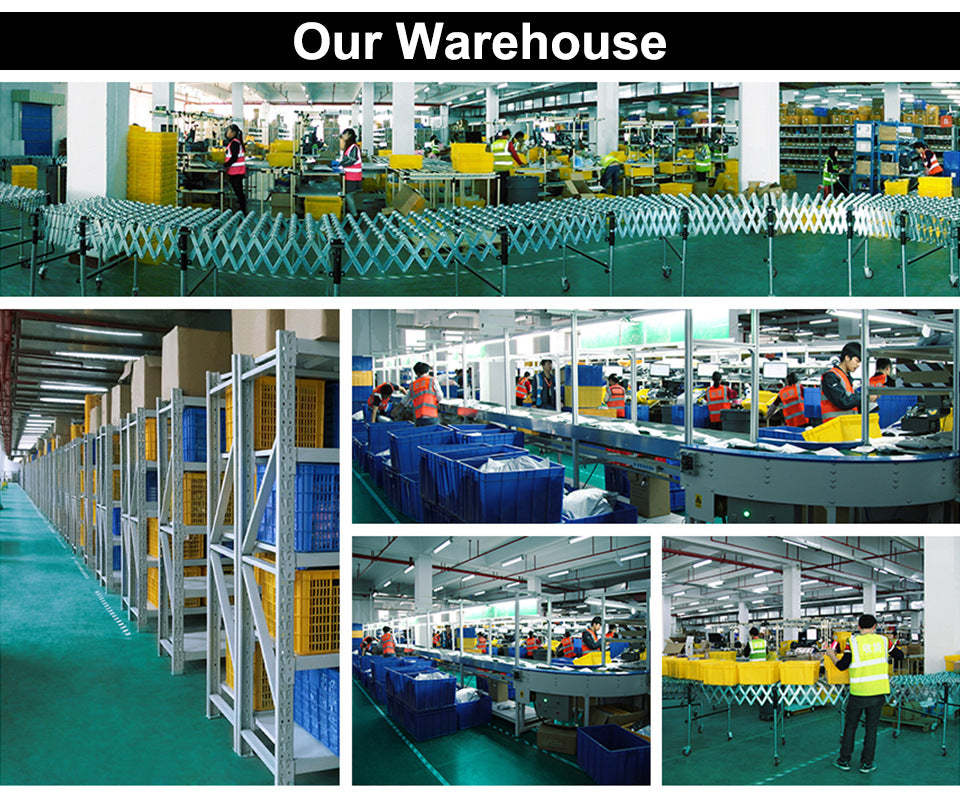 The warehouse buzzes with activity as workers in safety vests manage packages among racks and belts. Mini GPS Tracker - Real-Time Magnetic Smart Locators ensure safety alerts and real-time tracking, maintaining an efficient space. Signs proudly read Our Warehouse.