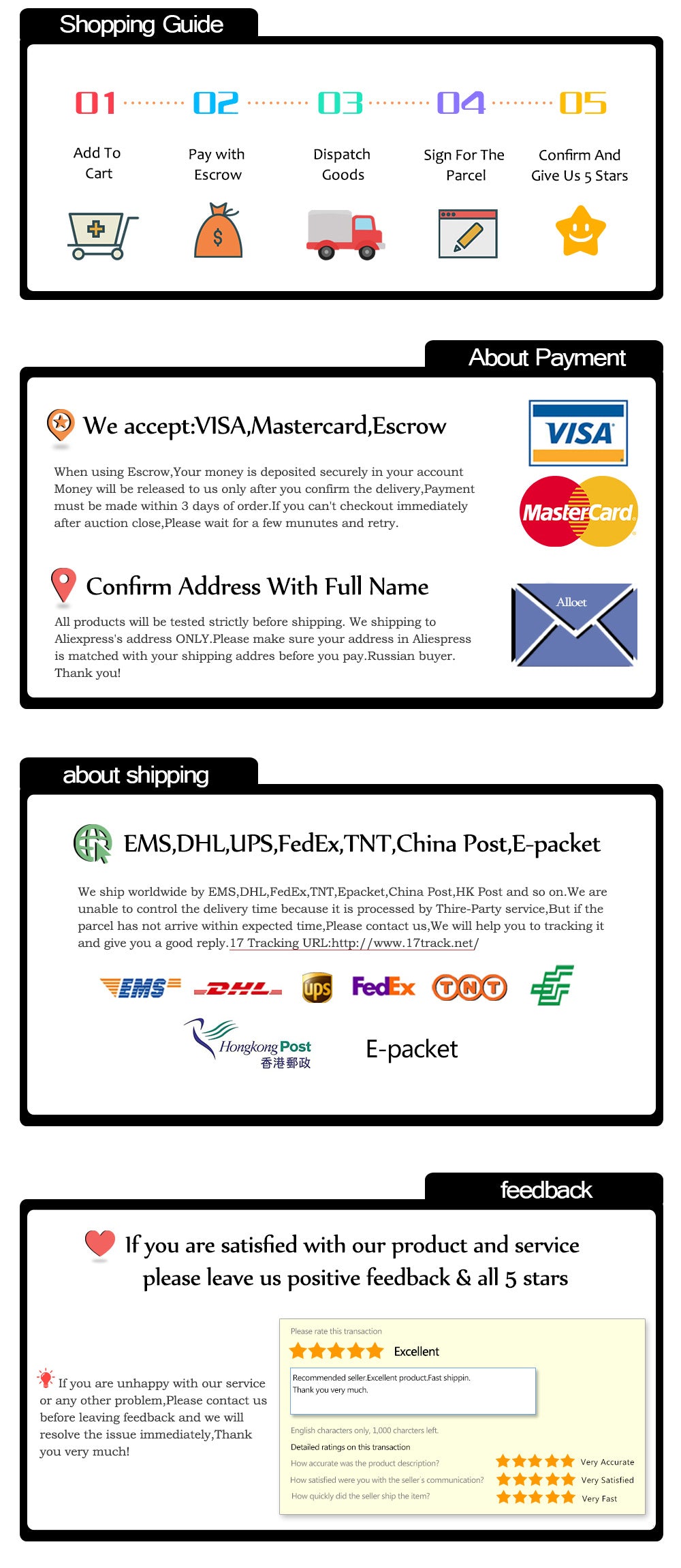 Mini GPS Tracker shopping guide infographic covers ordering, payment (Visa/MasterCard), shipping (EMS/DHL), and feedback. Emphasizes address confirmation, positive feedback, and includes real-time tracking for additional safety alerts.