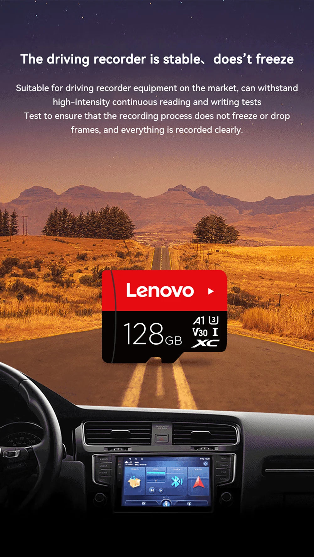 The Lenovo 128GB Micro TF Card, set against a sunset over an open road, highlights its Fast 100MB/s Speed for stable, compatible use with driving recorders, ensuring clear recordings.