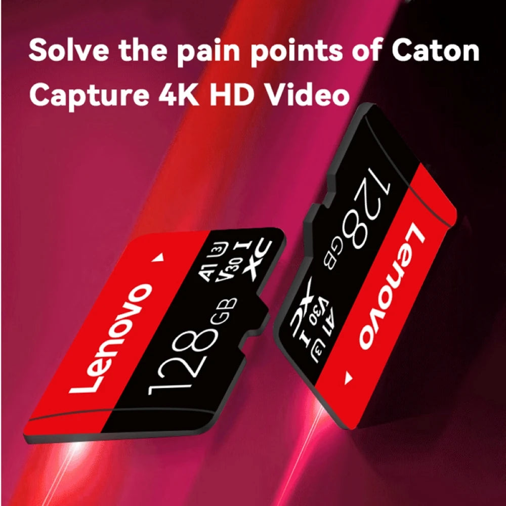 The image shows two Lenovo 128GB Micro TF Cards—one upright, one tilted—featuring details like high-speed data storage, 4K, A1, V30, and XC I. Set against a diagonal red and black background with text: Solve the challenges of shooting 4K HD Video.