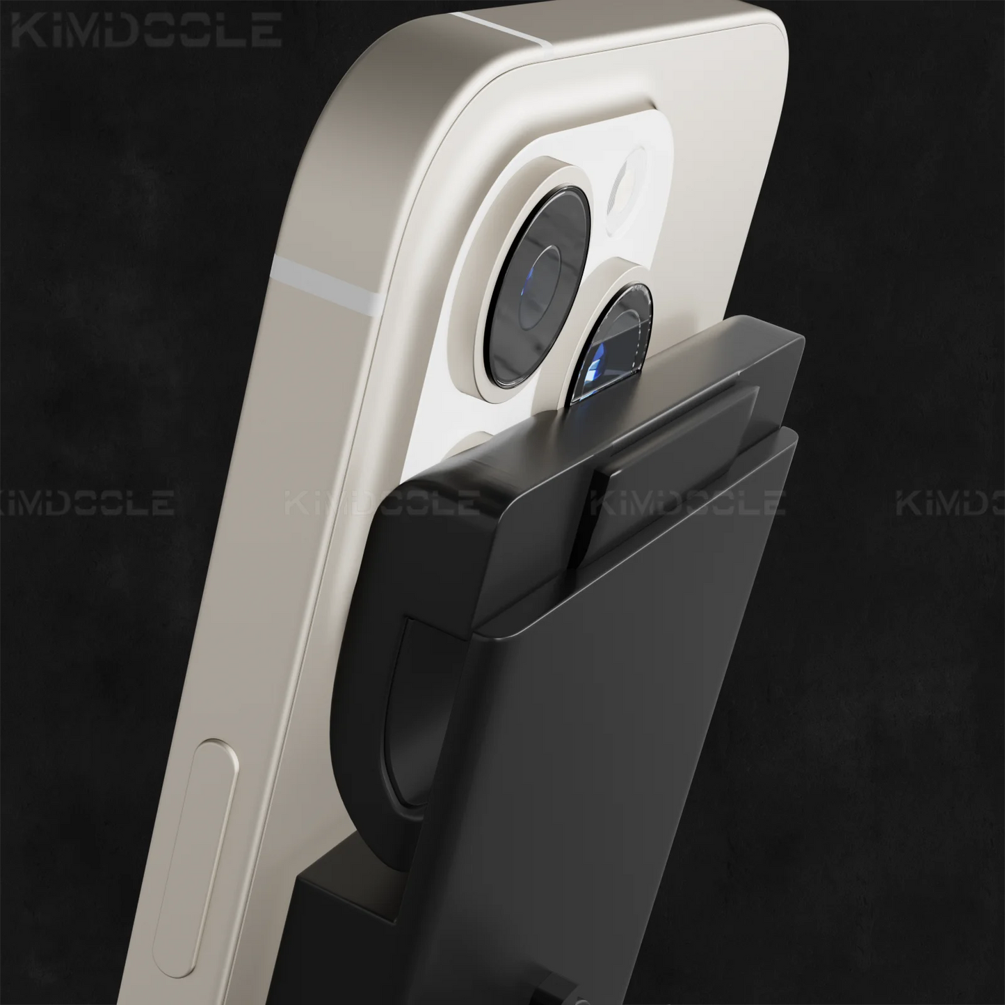 A close-up shows a beige smartphone with an Artpowers Adjustable Tablet Holder, a detachable black accessory functioning as a stand near the camera. Its universal compatibility ensures it fits various devices against a solid black background.