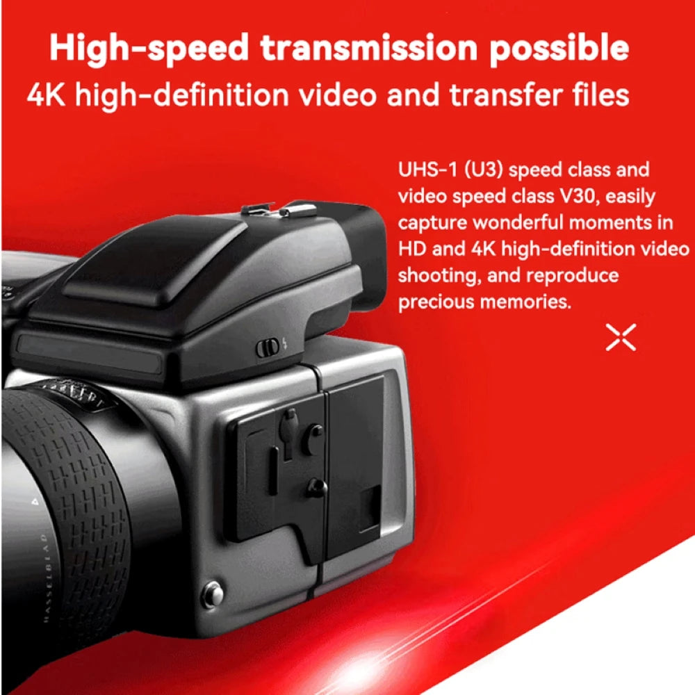 A camera on a red background features the Lenovo 128GB Micro TF Card. It highlights high-speed data storage for 4K video and quick file transfers, showcasing UHS-1 (U3) speed class, video speed class V30, and fast 100MB/s performance for HD/4K shooting.
