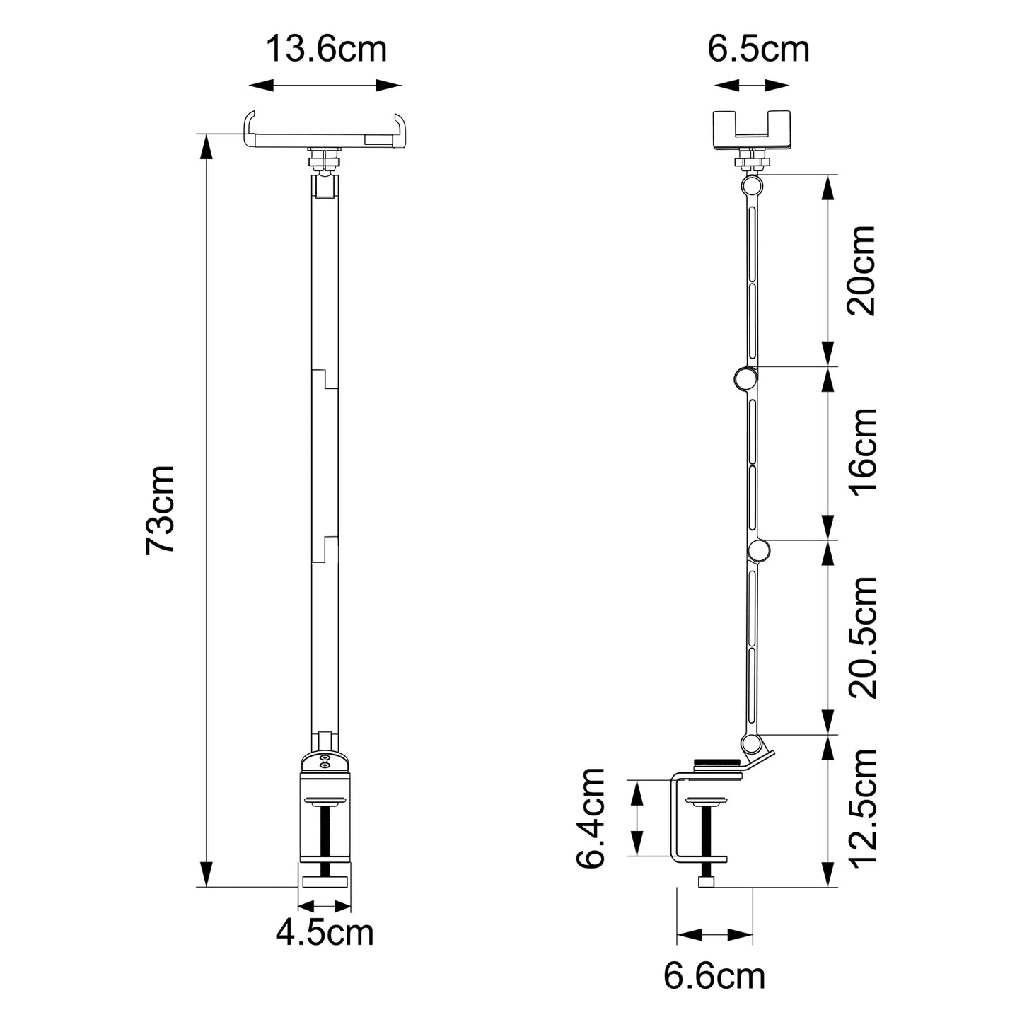 The Artpowers Adjustable Tablet Holder features universal compatibility, with a technical diagram showing a left view height of 73cm and base width of 4.5cm, and a right view with 6.5cm width, sections of 20cm and 16cm, total height of 20.5cm, and versatile arm length of 12.5cm.