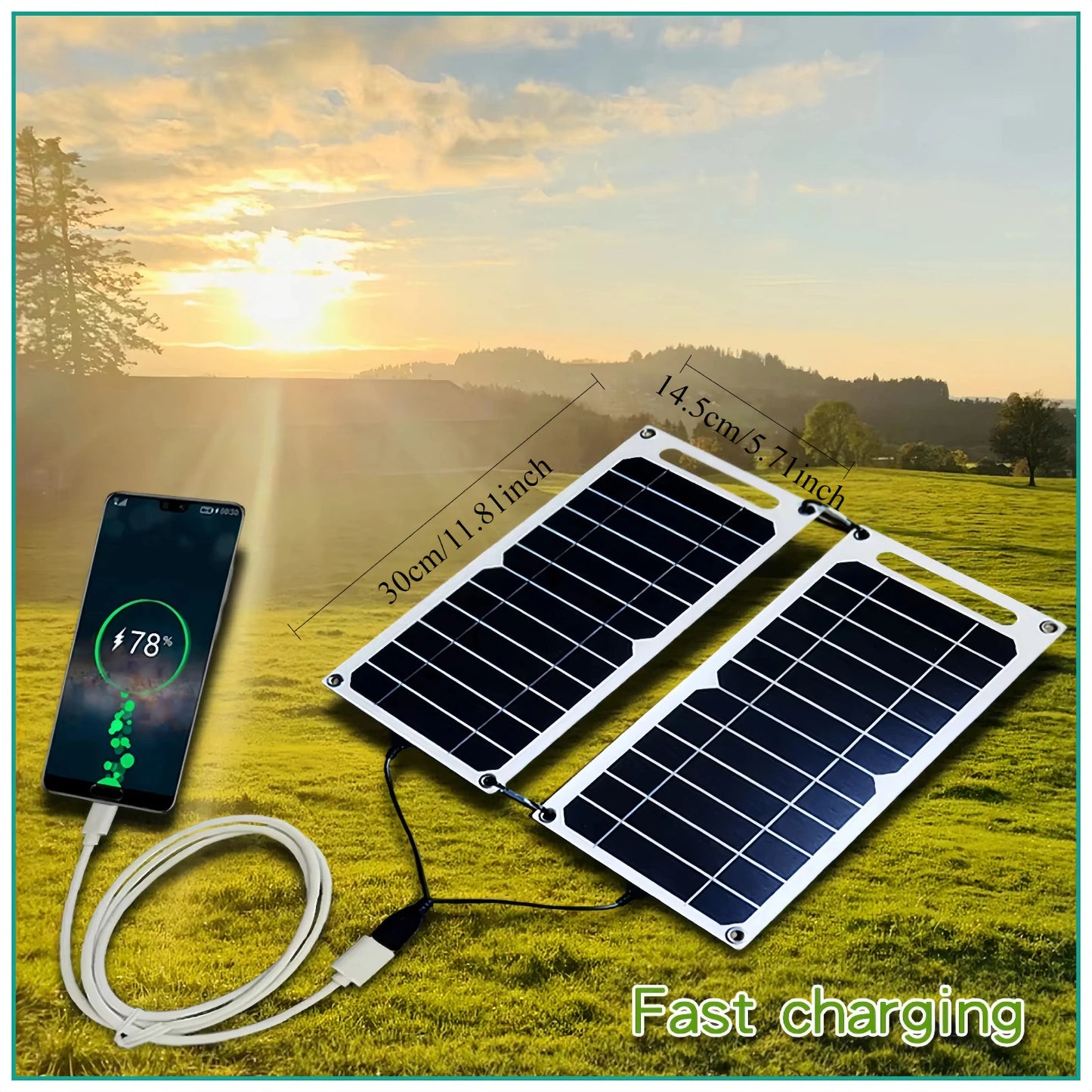 A smartphone shows a 78% battery level while connected to the EESBAO 35W Solar Panel - Portable USB Charger, ideal for outdoor camping. Resting on grass with a sunlit view behind, its fast charging.