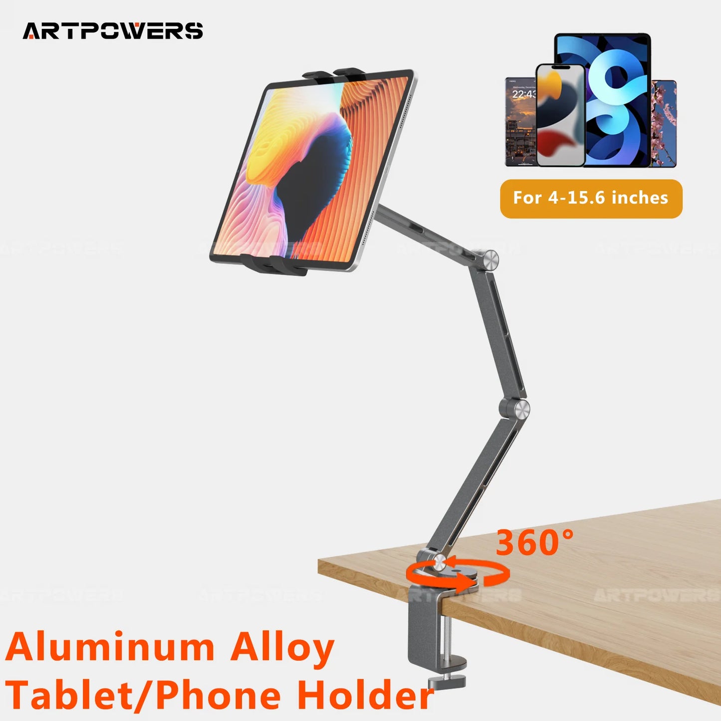 The Artpowers Adjustable Tablet Holder is a versatile aluminum alloy stand that universally attaches to tables, supporting 4 to 15.6-inch devices. Its 360-degree rotation ensures effortless viewing, making it ideal for any setting.