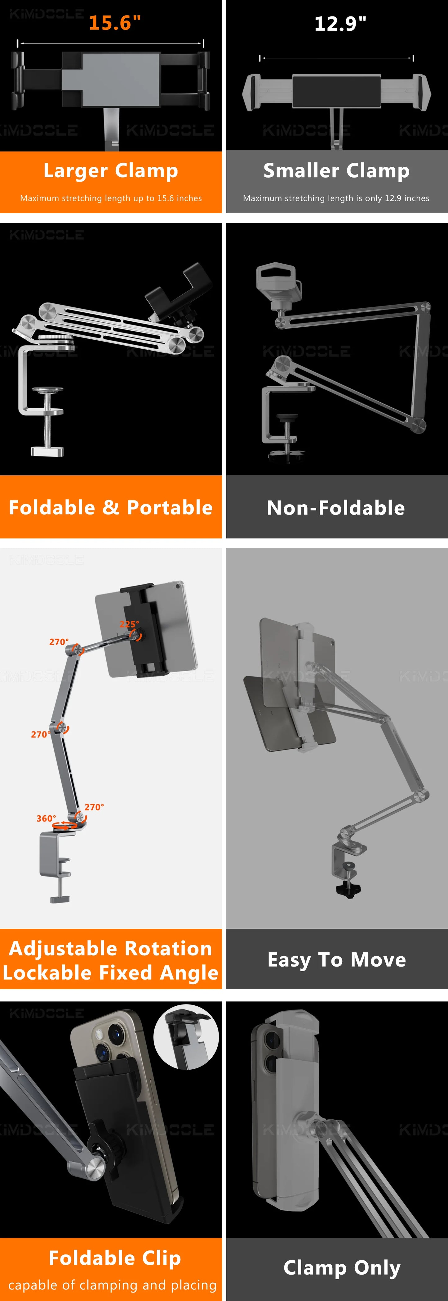 A comparison infographic shows two device clamps: The left column features a larger, foldable clamp compatible with various devices with a 15.6-inch max stretch. The right column displays the Artpowers Adjustable Tablet Holder, non-foldable with a 12.9-inch max length, ideal for tablets.