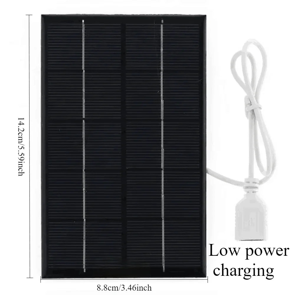The EESBAO 35W Solar Panel is a compact, rectangular device with dimensions of 14.2 cm by 8.8 cm, featuring an attached white cable and USB connector. Ideal for outdoor camping, its labeled as a portable USB charger for low-power charging needs.