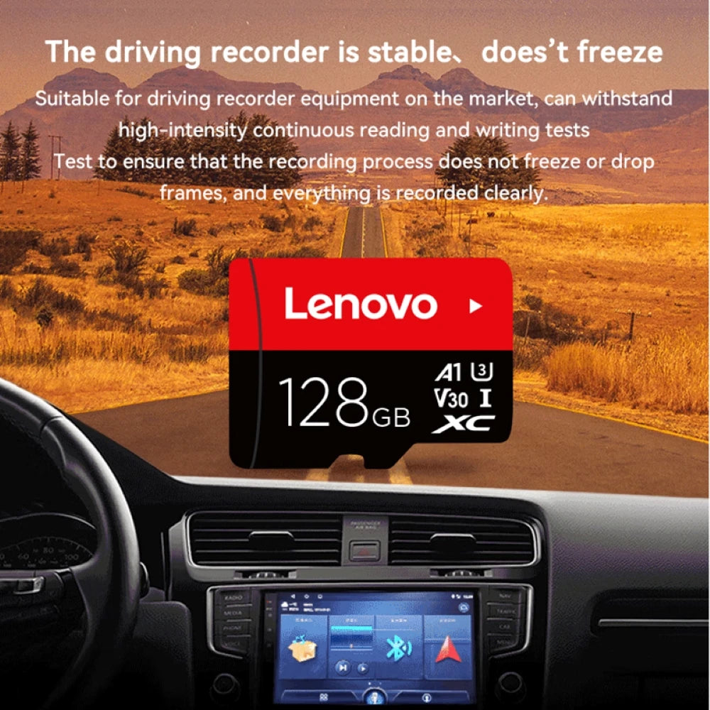 A Lenovo 128GB Micro TF Card - Fast 100MB/s Speed is pictured above a car dashboard, with road and fields in the background. The text emphasizes its stability and rapid data storage, ensuring it prevents freezing and supports uninterrupted recording for driving recorders.