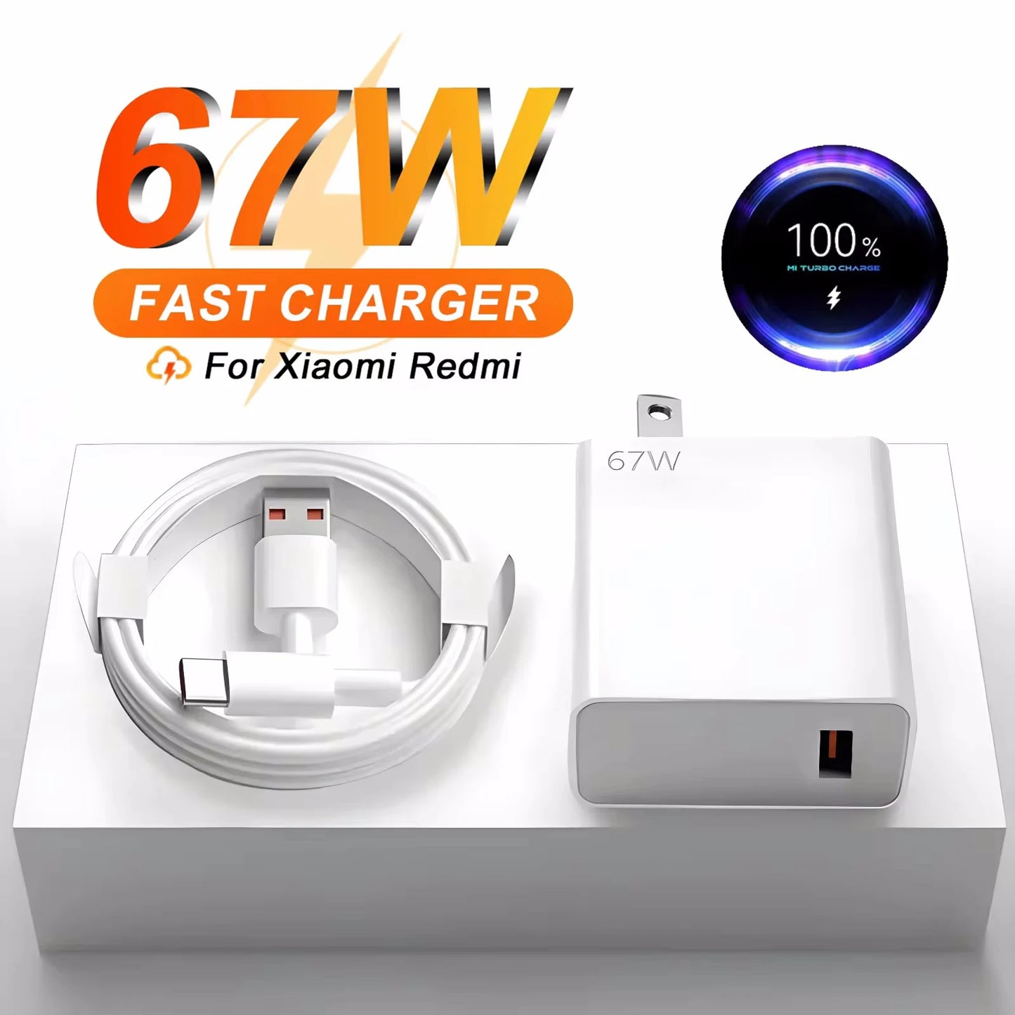 Visual of the 67W GaN USB Charger with Quick Charge 3.0 for Xiaomi Redmi, showcasing a white USB-C cable and adapter. The 67W Fast Charger text and full battery icon emphasize efficient charging.