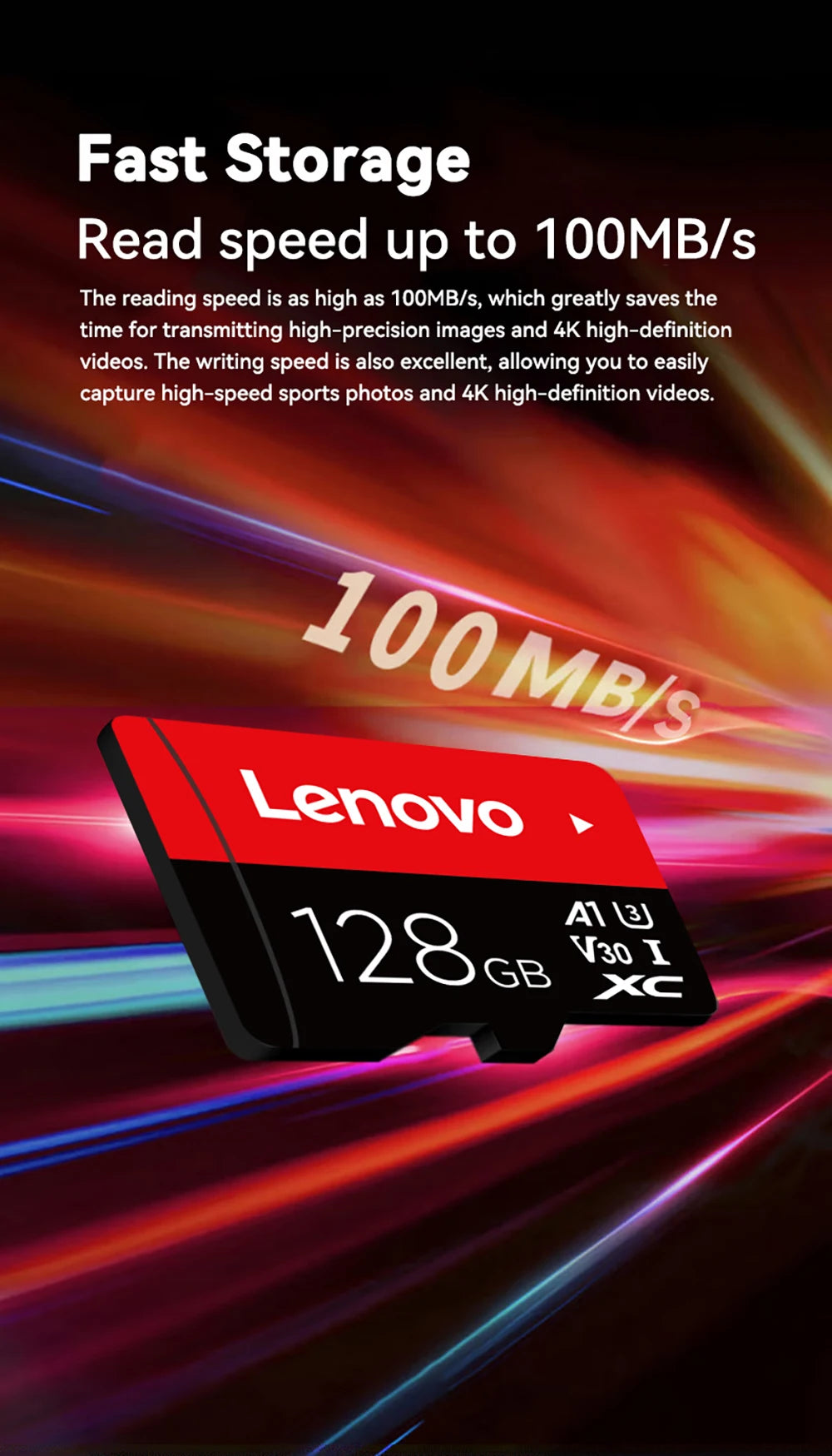 The Lenovo 128GB Micro TF Card - Fast 100MB/s Speed is highlighted with vibrant lighting effects, underscoring its high-speed data storage capabilities.
