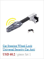 Image of a sleek black and metallic car steering wheel lock. Two keys are provided for added security. Below, the text reads: Car Steering Wheel Lock Universal Security priced at USD 60.2 per piece/lot 1.