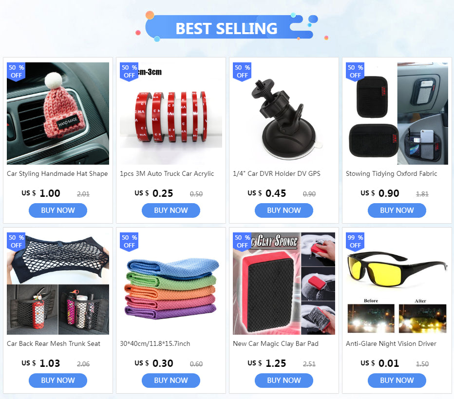 Explore a collection of top car accessories, including a handmade hat air freshener, reflective tape, and DVR holder. Find storage boxes, mesh trunk seat organizers, cleaning towels, magic bar pads, and anti-glare goggles offering UV400 protection—all priced between $1 and $3.