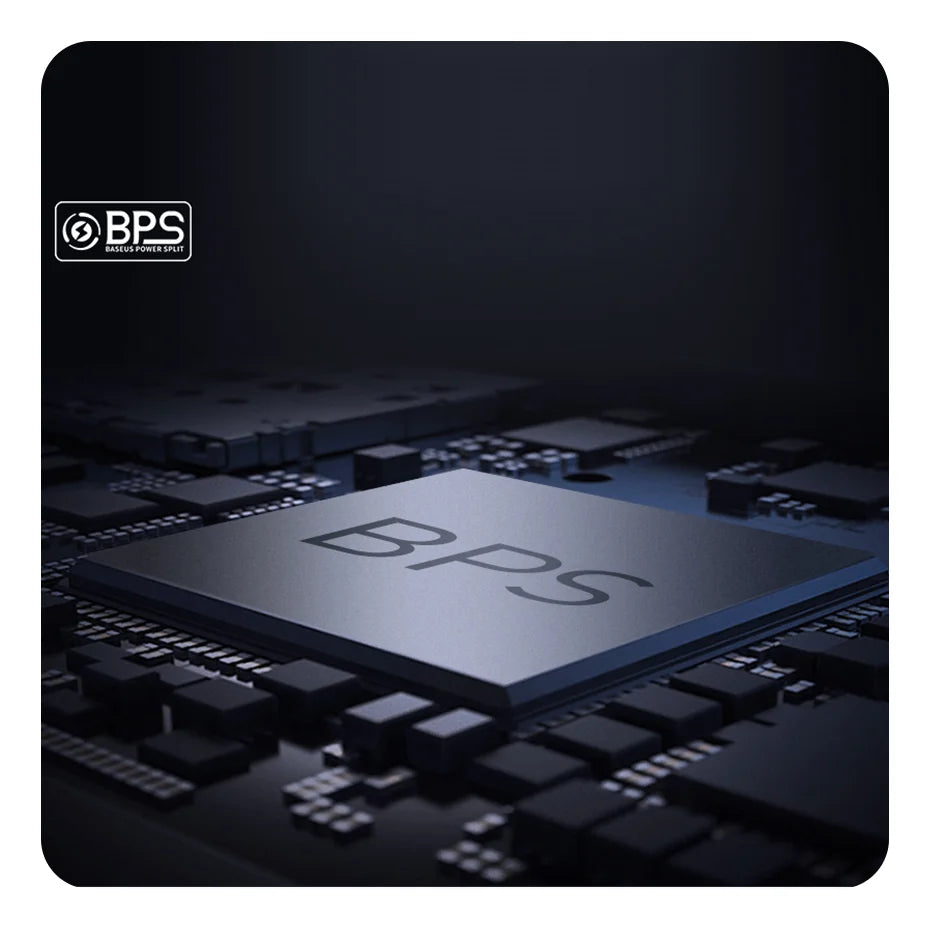 Close-up image of a computer chip with Baseus 10000mAh Power Bank inscribed, dimly lit, surrounded by circuit components. The Baseus logo in the top left suggests its role in fast charging technology.