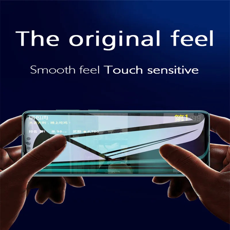 A person with a VIVO IQOO 12 Pro shows a video game, using the MAOSENGUOJI Privacy Screen Protector. The text on a dark blue background reads: The original feel and Smooth feel, Touch sensitive, enhanced with Anti Blue-ray technology.