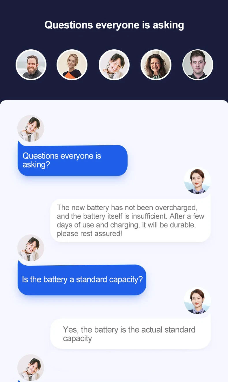 An online chat with profile images discusses the XDOU Battery for iPhone SE 5-11 Pro, focusing on its zero-cycle capacity. The conversation emphasizes that it is standard, not overcharged, ensuring greater durability and enhanced battery life after initial use.