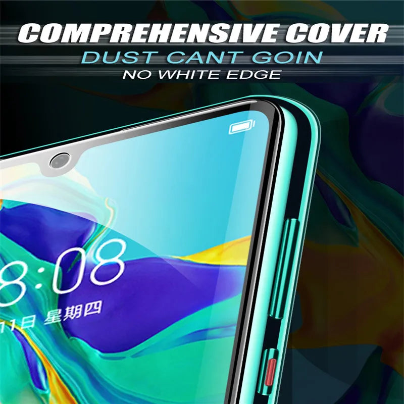 Close-up of a MAOSENGUOJI Privacy Screen Protector on a VIVO IQOO 12 Pro displaying a colorful abstract screen. Text reads, Comprehensive Cover, Dust Cant Go In, No White Edge. Equipped with Anti Blue-ray technology, the phone features a front camera and side buttons.