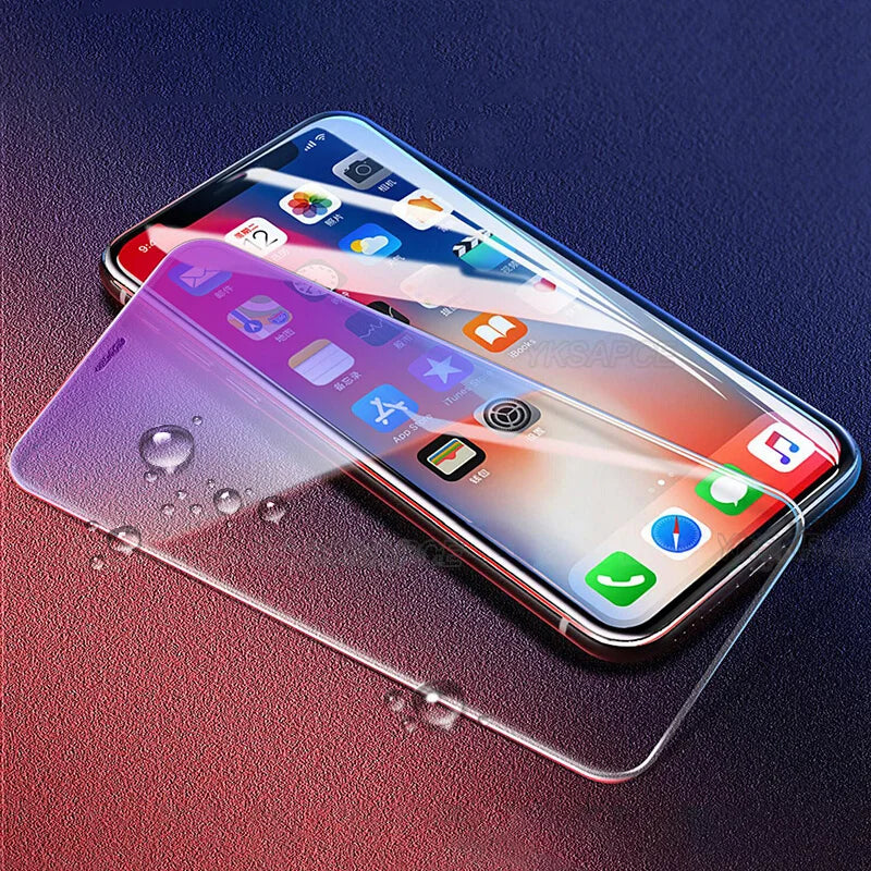 A smartphone displays vibrant colors as the YKSPACE 2Pcs Anti Blue-Ray Tempered Glass Screen Protector, featuring Eye Care Technology, is applied. Water droplets emphasize its water resistance for both lasting protection and visual comfort.