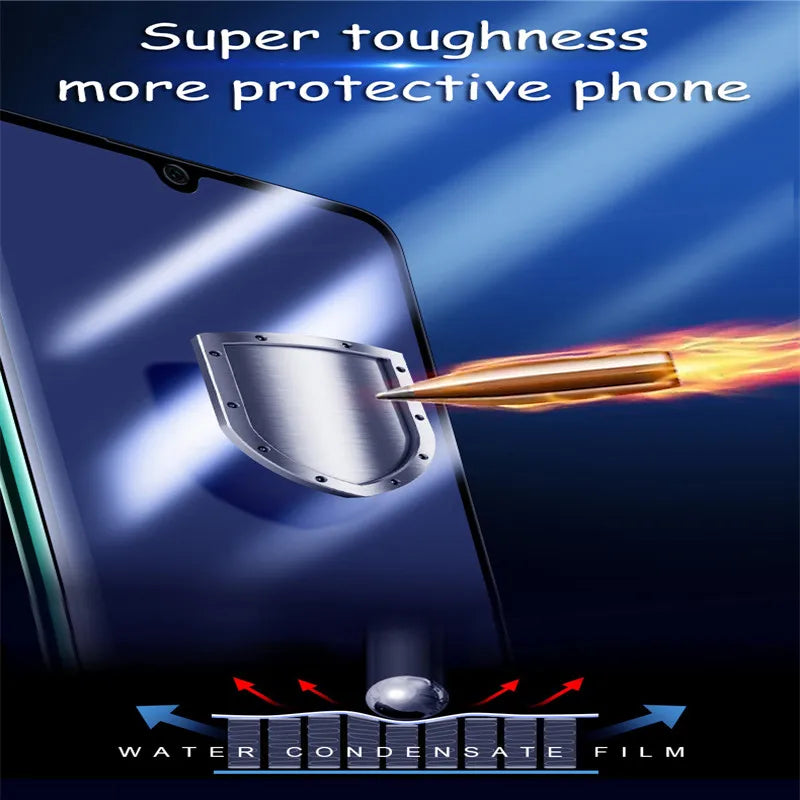 Illustration of a MAOSENGUOJI Privacy Screen Protector for VIVO IQOO 12 Pro with a bullet being deflected by a shield. Text reads, Super toughness, more protective phone. Diagram shows Water Condensate Film with arrows indicating Anti Blue-ray technology and ultimate privacy features.