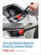 Two images show a detailing brush cleaning a cars wheel and air vent. Below, text reads: 5Pcs Car Detailing Brush Set for Wheels. USD 3.51 / set / lot 1.