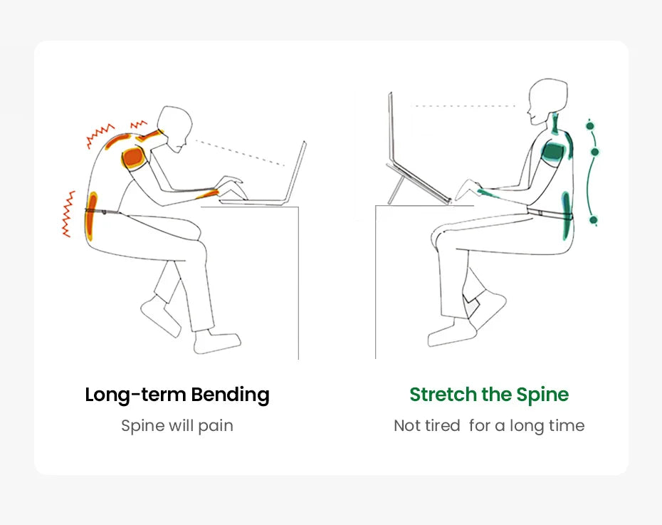 An illustration comparing two desk postures. Left: Person hunched over a laptop, causing spine pain. Right: Using the UGREEN Laptop Stand—adjustable, foldable aluminum design—preventing fatigue and promoting better posture while working ergonomically.