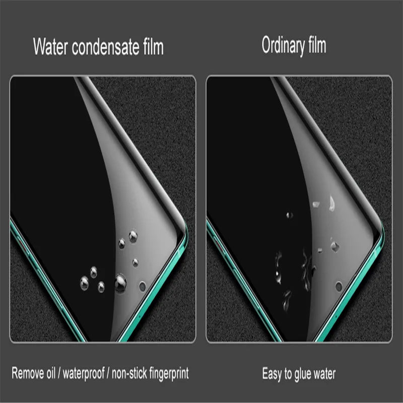 Comparison of two smartphone films: The left image features a VIVO IQOO 12 Pro with a MAOSENGUOJI Privacy Screen Protector showing water beads due to its non-stick fingerprint property. The right shows an ordinary film with water spread, labeled Easy to glue water.