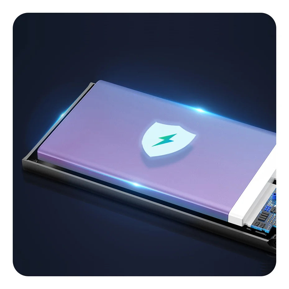 The Baseus 10000mAh Power Bank with Digital Display is a sleek purple device featuring a shield and lightning bolt symbol, suggesting protection and efficiency. Partially inserted into a black frame with visible circuits, it highlights its power bank feature against a dark background.
