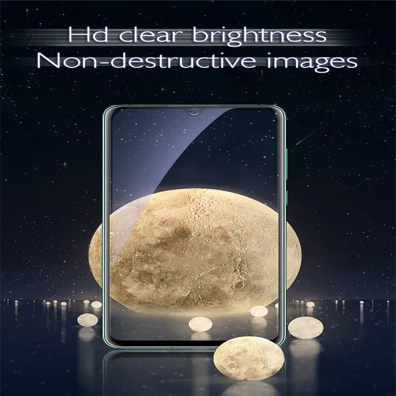 The MAOSENGUOJI Privacy Screen Protector for VIVO IQOO 12 Pro highlights HD clear brightness and eye-comforting Anti Blue-ray technology against a starry background, featuring a vivid screen with a large moon surrounded by smaller moons.