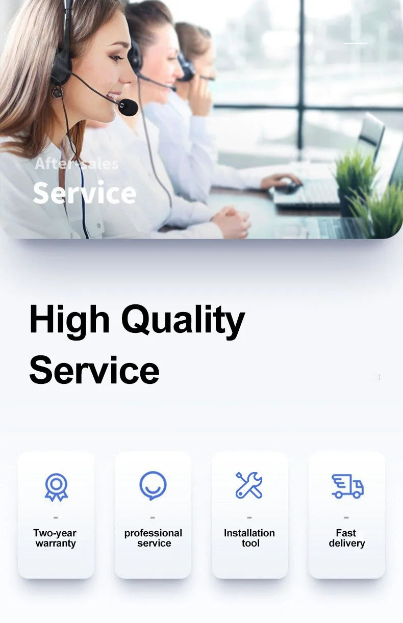 Customer service reps, headsets on, work at computers. The text reads, High Quality Service, showcasing XDOU Batterys compatibility with iPhone SE 5-11 Pro, Zero-Cycle Battery tech, a two-year warranty, professional service, installation tool included, and fast delivery.