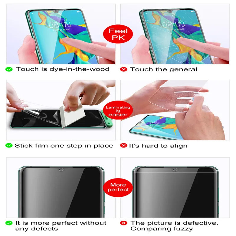 A comparison of screen protectors for the VIVO IQOO 12 Pro shows the MAOSENGUOJI Privacy Screen Protector excels in easy installation and perfect touch, marked by green symbols, while its counterpart struggles with poor touch and a fuzzy display, indicated with red symbols.