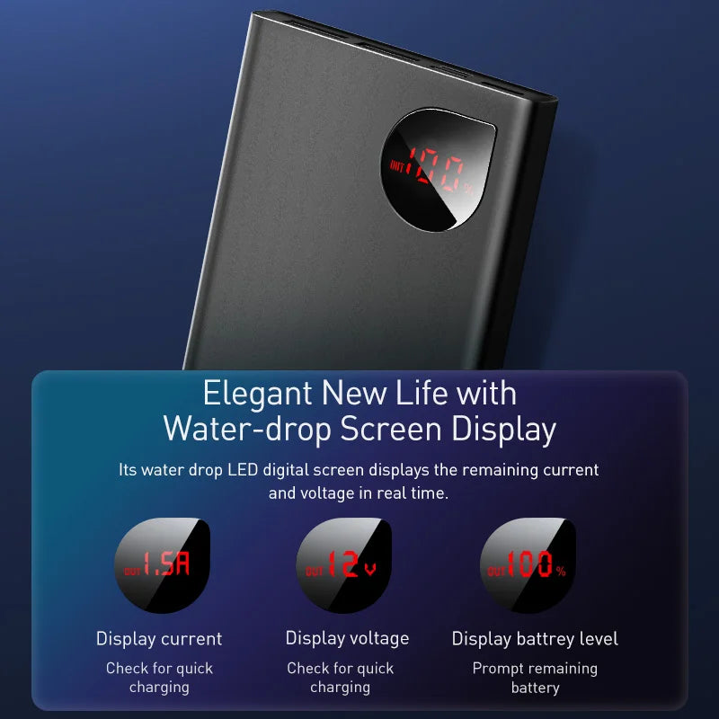 The Baseus 10000mAh Power Bank, in black, displays a 47% battery level and outputs 51V at 7.0A. The water-drop screen display promotes features such as fast charging current, voltage check, and precise battery measurement with the slogan: Elegant New Life.
