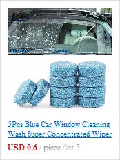 Image of several blue, round cleaning tablets stacked in piles. The top section showcases a car windshield with cleaning solution bubbles for clear visibility. This is the 5Pcs Blue Car Window Cleaning Wash Super Concentrated Wiper, priced at USD 0.6 per piece for a lot of 5.