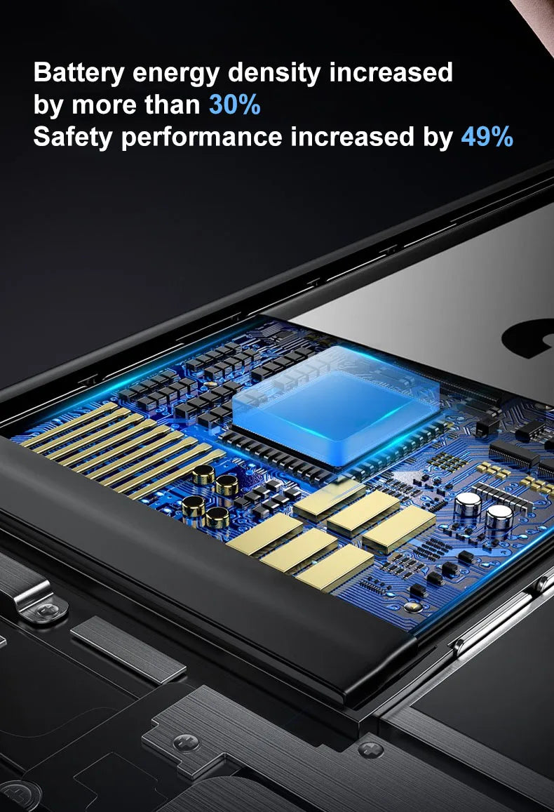 Close-up of an iPhone SE with an XDOU Battery partially opened to reveal intricate components and a glowing blue section. Text overlay states, Battery energy density increased by over 30%, and safety performance improved by 49%, significantly enhancing battery life.