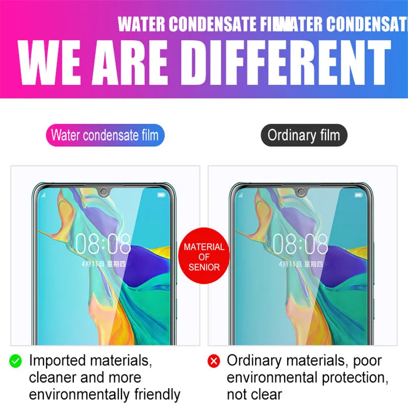 Comparison image showcasing two smartphones. The left, featuring a MAOSENGUOJI Privacy Screen Protector for VIVO IQOO 12 Pro with Water condensate film for eco-friendly cleanliness. The right employs an Ordinary film, lacking clarity and environmental protection.