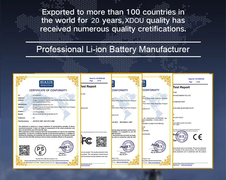 HUAXUN, a 20-year exporter to over 100 countries, showcases conformity certificates and test reports. As a professional Li-ion battery maker, they specialize in zero-cycle batteries like the XDOU Battery for iPhone SE 5-11 Pro, featuring free tools and quality certifications.