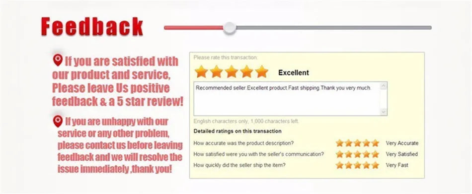 An online feedback form shows a 5-star “Excellent” review for the LITBOY Tempered Glass Protector for Xiaomi Devices and a positive comment. If satisfied, please rate 5 stars; for issues, contact support before leaving feedback.