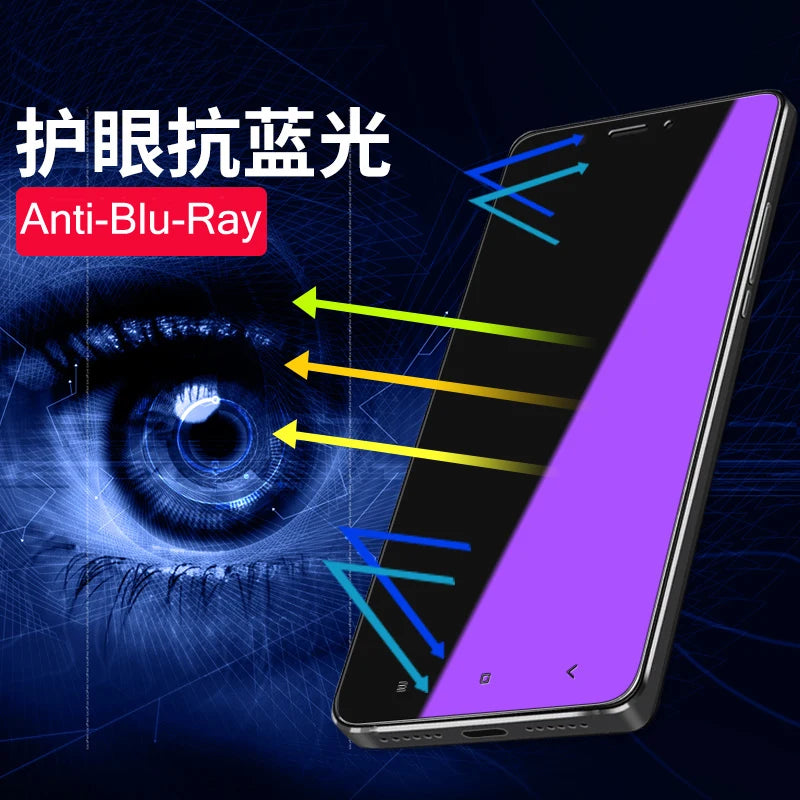 The YKSPACE 2Pcs Anti Blue-Ray Tempered Glass Screen Protector features advanced tempering with Blue Light Protection. A smartphone screen emits green, yellow, and blue arrows towards a digital eye on the left, highlighted by the Anti Blue-Ray label and Chinese text against a dark background with tech patterns.