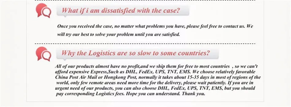The customer service FAQ for the LITBOY Tempered Glass Protector for Xiaomi Devices addresses dissatisfaction, explains slow international logistics, details free shipping, and covers possible delivery delays.