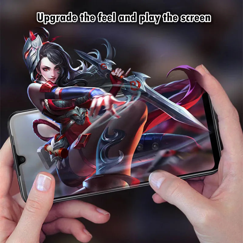 A person holding a smartphone displays a game featuring a female warrior with dual weapons. Above, text reads, Upgrade the feel and play the screen. She seems to leap out vividly, enhanced by LITBOY Tempered Glass Protector for Xiaomi Devices, ensuring every detail is crystal clear.