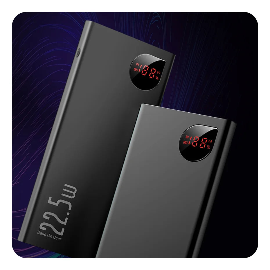 Two Baseus 10000mAh power banks in sleek black, with digital displays showing a full 100% charge and 22.5w fast charging, are set against a dark abstract background. The modern, minimalistic design is highlighted with bold text.