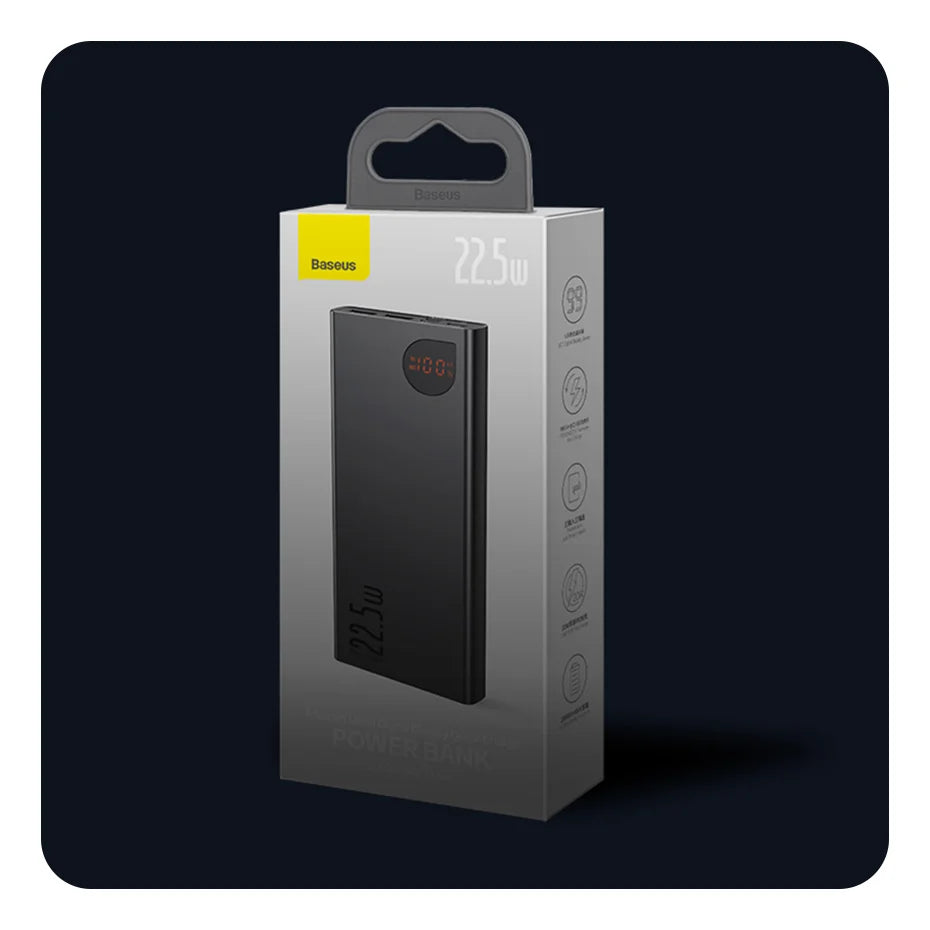 The Baseus 10000mAh Power Bank with Digital Display comes in a sleek black box showcasing its fast charging, digital display, and advanced features. The packaging includes a hanging tab and the brand name prominently in the top-left corner, with feature icons on the side.