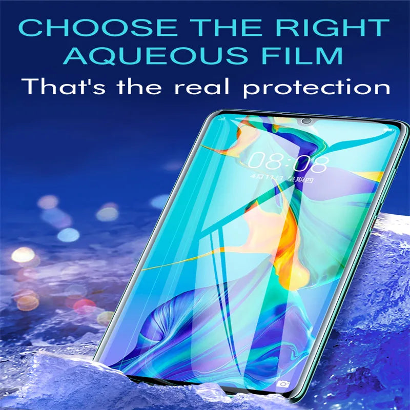 The MAOSENGUOJI Privacy Screen Protector for VIVO IQOO 12 Pro features a vibrant display with abstract patterns, enhanced by water droplets and ice elements. The text states, CHOOSE THE RIGHT AQUEOUS FILM for optimal protection with Anti Blue-ray tech for eye comfort.