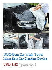 A person dons anti-glare night vision goggles, ensuring clear visibility while cleaning a cars gleaming surface. Image shows various angles of use inside and out. Text below reads, 100x40cm Car Wash Towel Microfiber Car Cleaning Drying USD 5.52/piece/lot 1.
