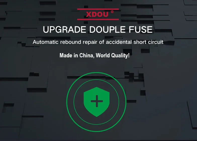 Background: Abstract black with raised squares. Text reads: XDOU Battery for iPhone SE 5-11 Pro - Free Tools. Features include upgraded double fuse for better battery life, automatic short circuit recovery. Made in China, World Quality! Green shield icon with a plus symbol included.