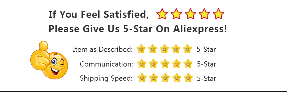 A bold banner asks for a 5-star review on Aliexpress if satisfied, highlighting three 5-star categories: Item as Described, featuring Anti-Glare Night Vision Goggles with UV400 protection, Communication, and Shipping Speed. A thumbs-up emoji winks on the left.