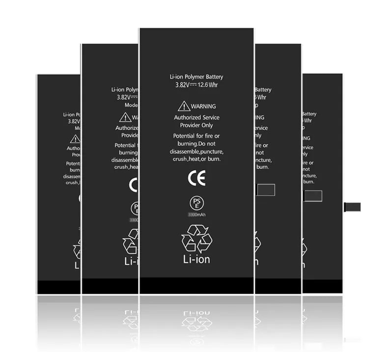 Five XDOU lithium-ion batteries for iPhone SE 5-11 Pro stand upright in a staggered formation against a white backdrop, displaying white safety symbols like CE and recycling icons. These promise impressive battery life similar to a Zero-Cycle Battery.