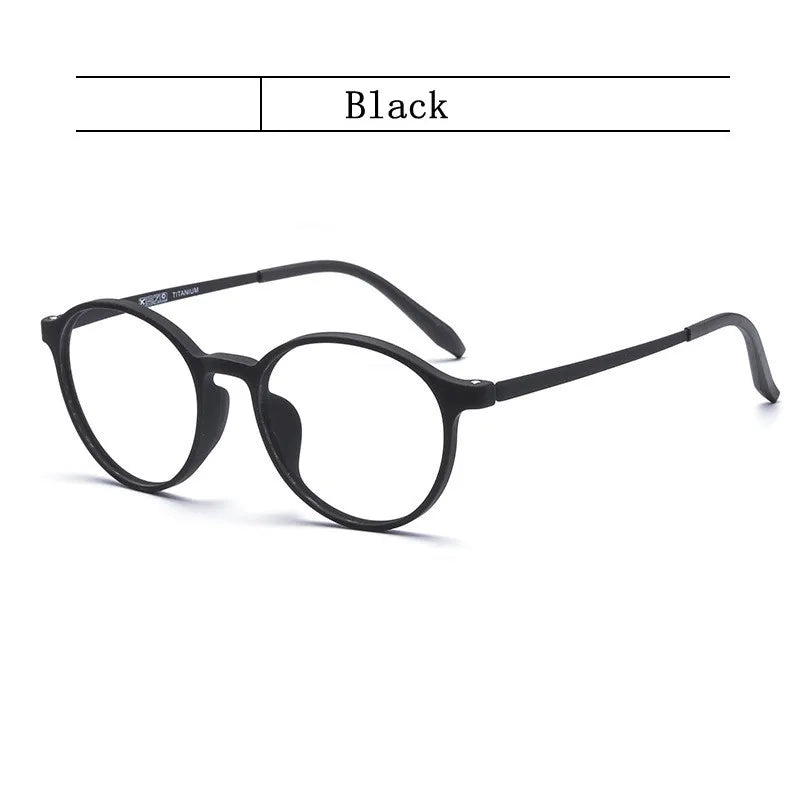 OUTMIX Pure Titanium Anti Blue Light Reading Glasses feature round, black thin frames and slightly curved arms. Designed to protect your eyes during screen time, these stylish reading glasses are shown on a white background with Black above them.