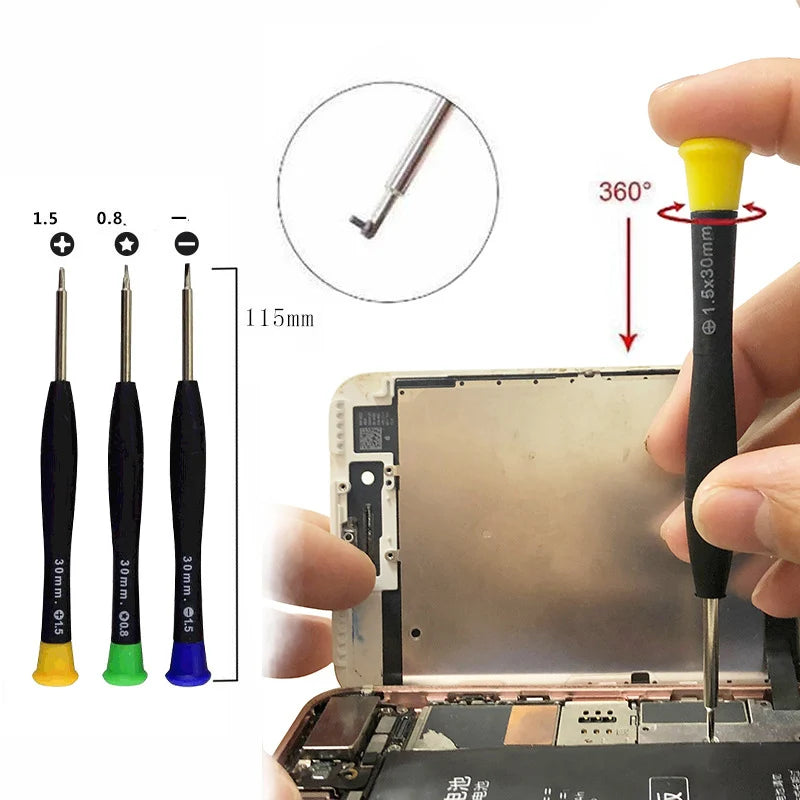 The NoEnName 28 in 1 Screwdriver Tool Kit for Mobile Repairs includes four precision screwdrivers with multicolored handles and varying tip sizes, shown being used to fix a smartphone. These tools are part of a complete kit and feature 360-degree rotation capability.