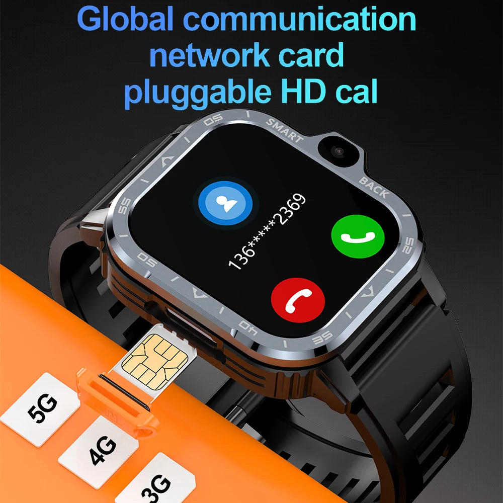 A Valdus PGD Smart Watch for Men with a black strap shows an incoming call screen, surrounded by 5G, 4G, and 3G SIM cards on an orange background. The text says: Global communication network card pluggable HD call from your ultimate 4G wearable companion.