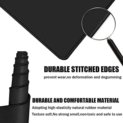 Close-up of a black surface with rolled edges showing a magnified view of the durable stitching and comfortable material on the Ziyoulang Large Mouse Pad 800x300mm with Stitched Edges.