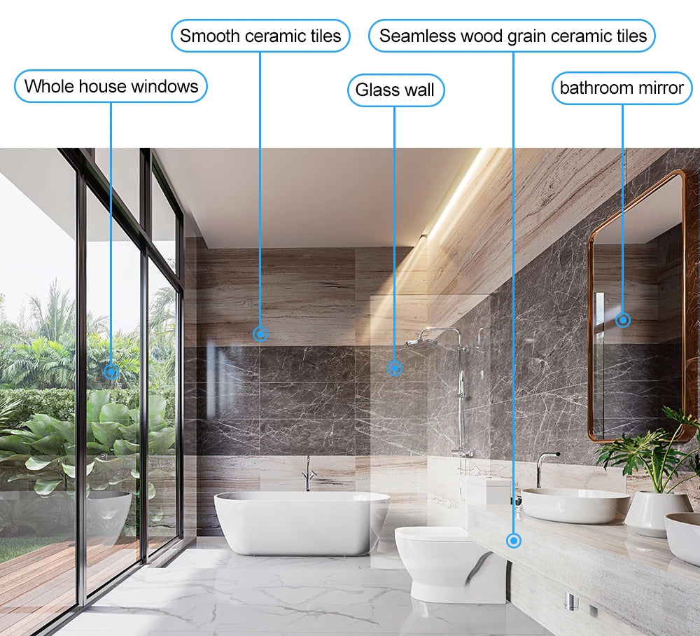 A modern bathroom features large glass windows showcasing greenery and smart integration with elements like smooth ceramic tiles, wood grain tiling, a glass wall, a mirror, a freestanding bathtub, and a toilet. Labels identify design elements. Consider the ABIR WD8 Robot for easily cleaning these windows.